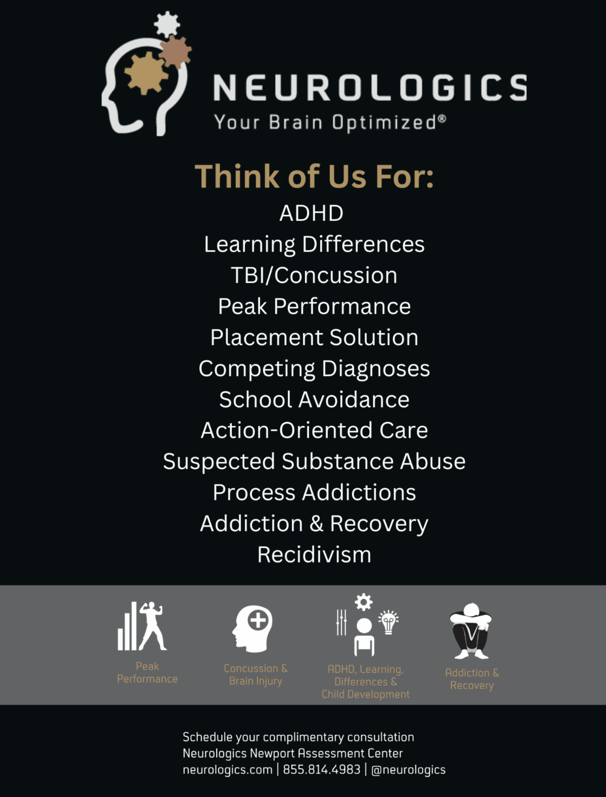 A Neurologics informational graphic outlines services and areas of support, including ADHD, learning differences, concussion care, addiction recovery, and peak performance.