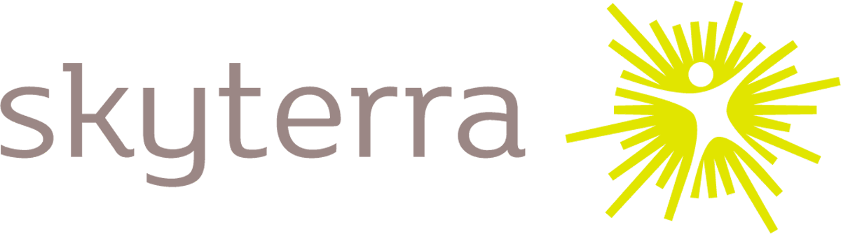 The Skyterra logo featuring stylized text and a bright yellow abstract human figure design.