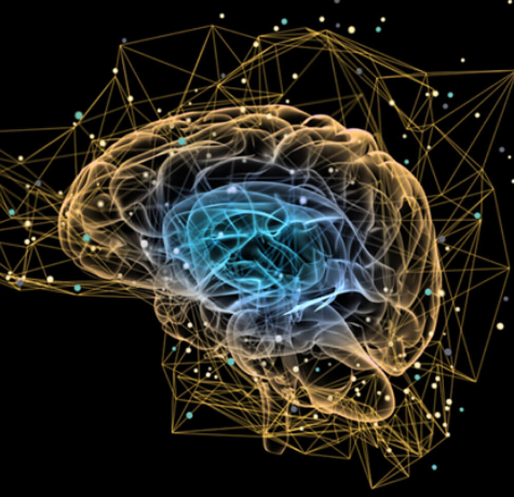 A digital illustration of a glowing brain surrounded by abstract network connections on a dark background.