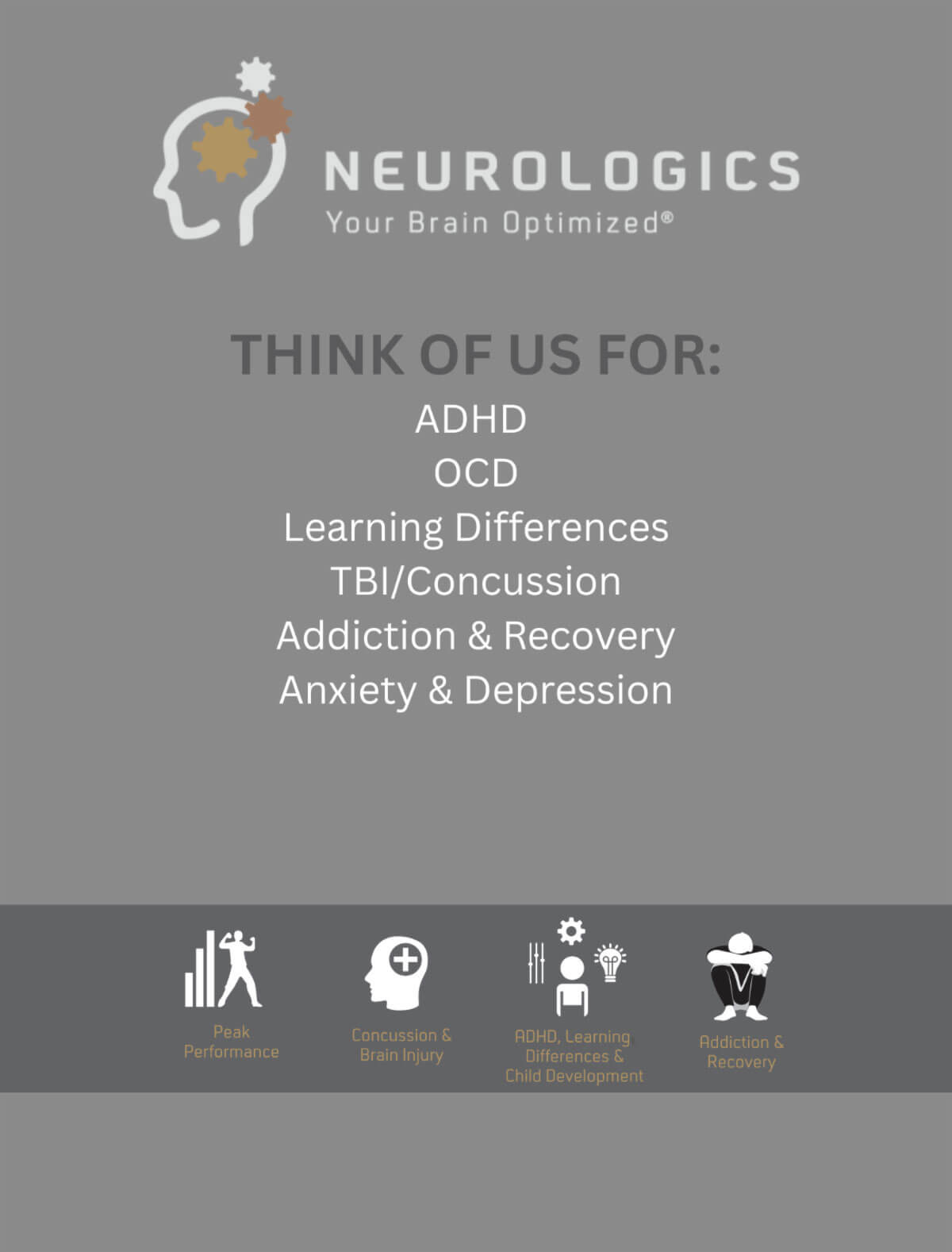april_newsletter_2026_1 Neurologics 'Your Brain Optimized' branded graphic listing conditions treated — ADHD, OCD, Learning Differences, TBI/Concussion, Addiction & Recovery, and Anxiety & Depression — with four service category icons along the bottom.