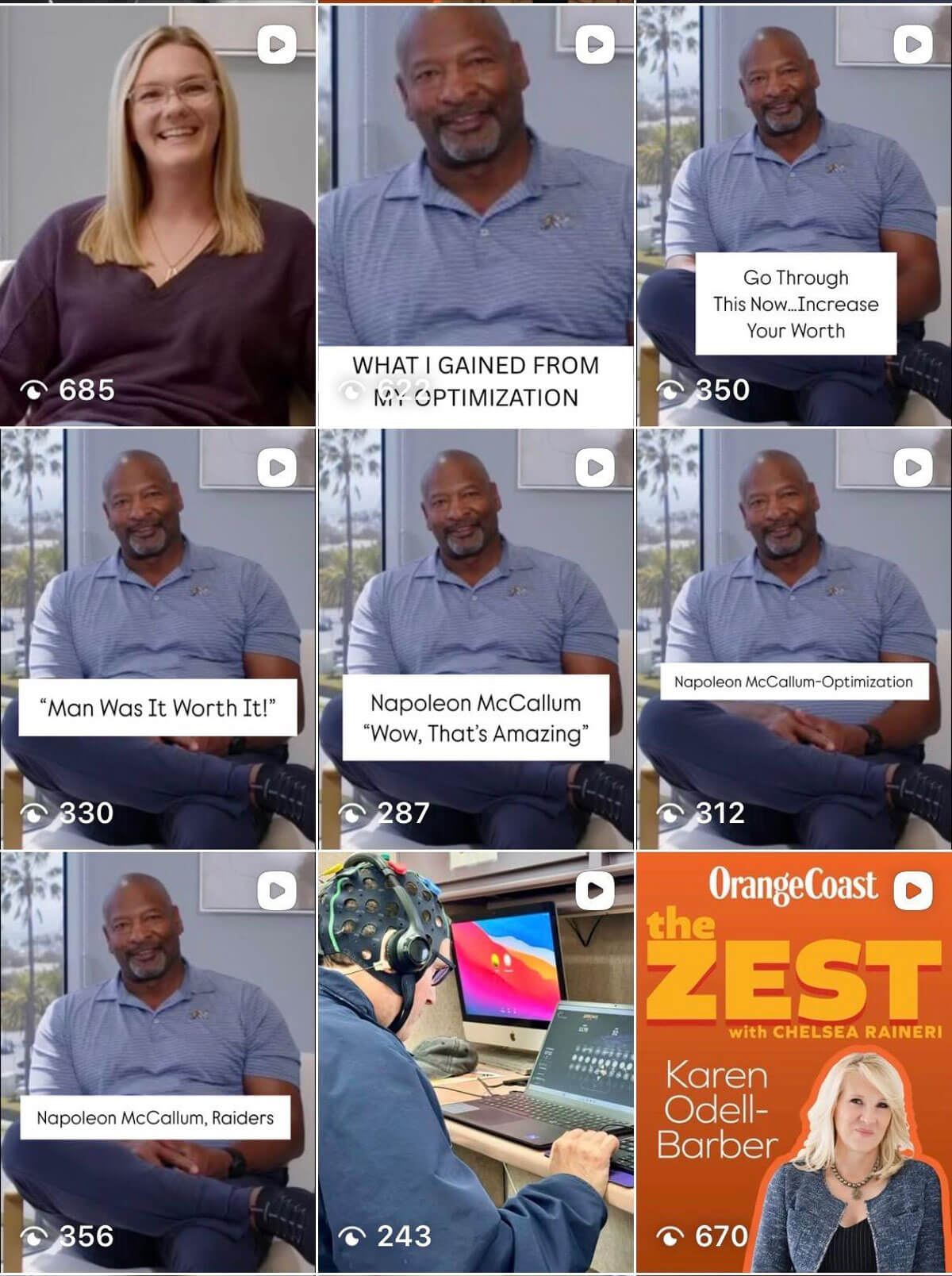 april_newsletter_2026_3 A 3×3 grid of social media video thumbnails featuring patient and staff testimonials, including several clips of former Raiders running back Napoleon McCallum discussing his brain optimization experience, alongside an Orange Coast magazine 'The Zest' podcast cover.