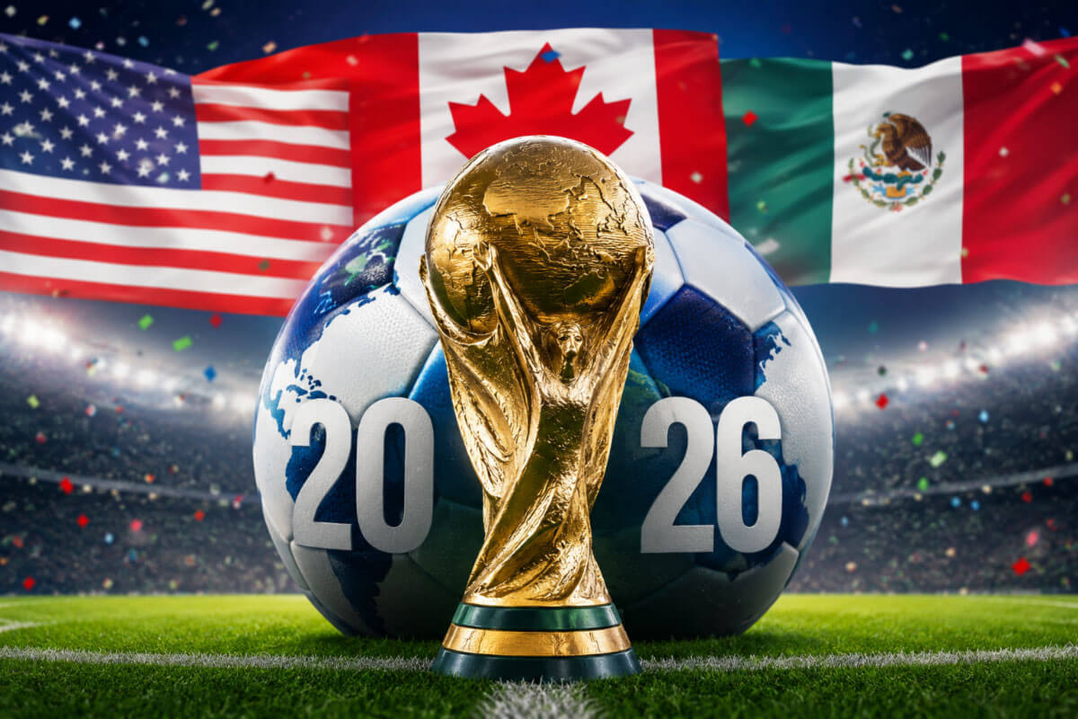 The FIFA World Cup trophy stands in front of a soccer ball marked "2026" with the flags of the USA, Canada, and Mexico displayed in a stadium setting.