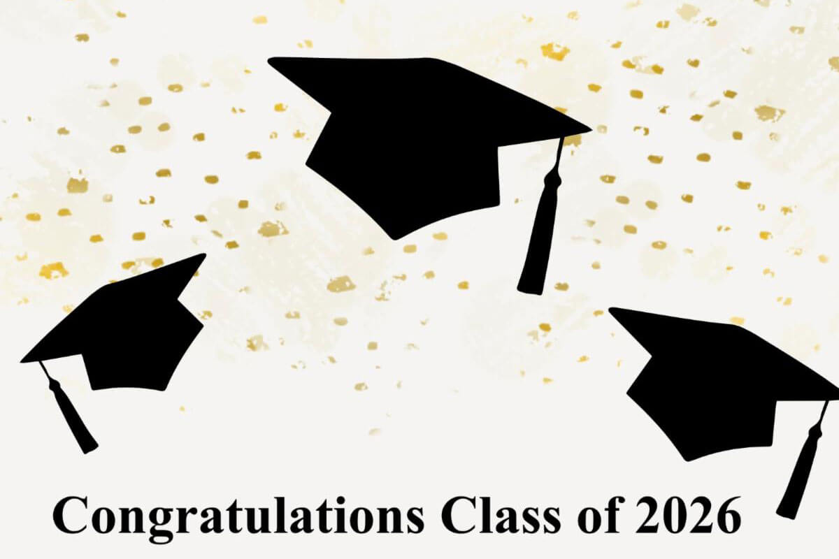 Three black graduation cap silhouettes are tossed in the air against a cream and gold confetti background above the text "Congratulations Class of 2026."