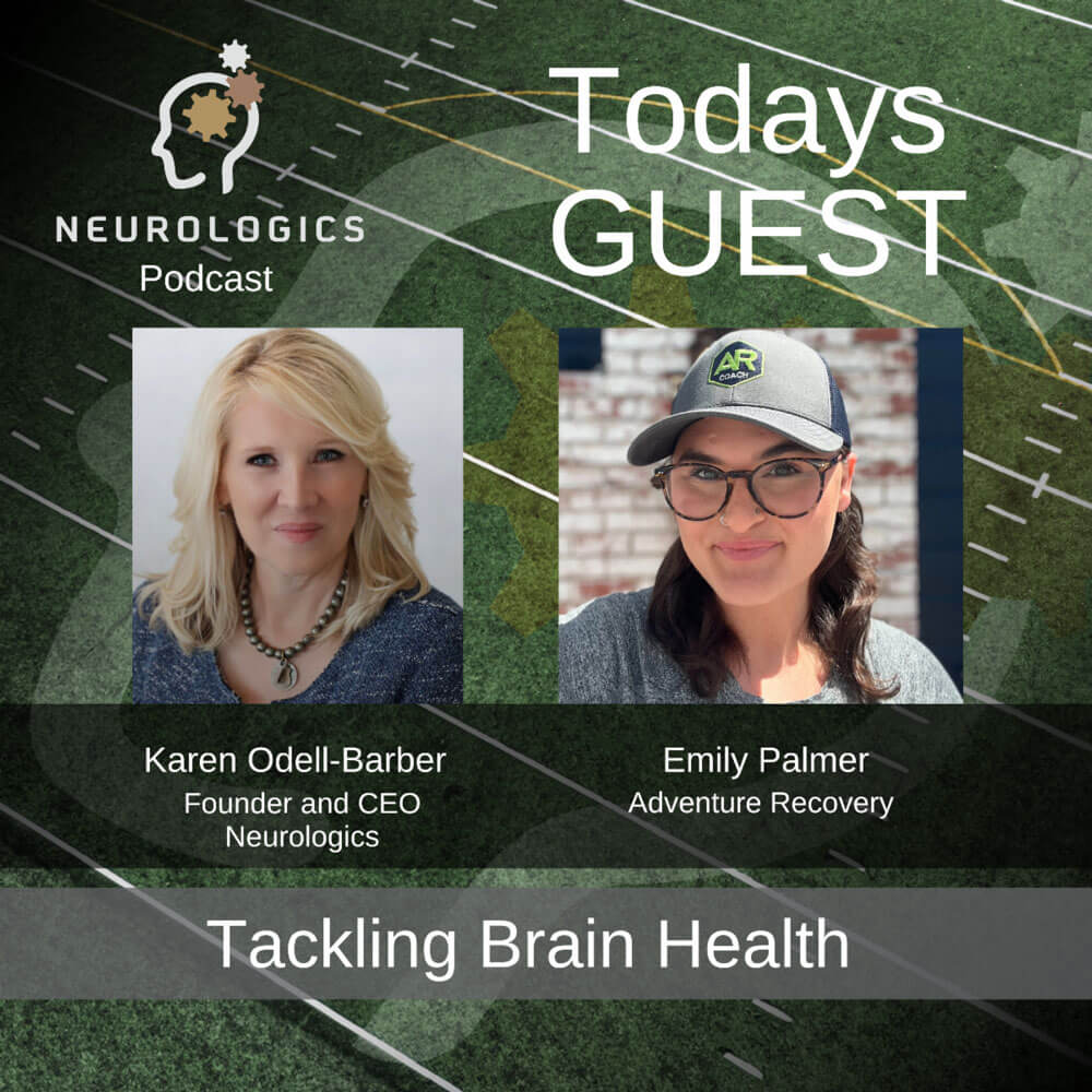 A Neurologics Podcast promotional graphic featuring headshots of host Karen Odell-Barber and guest Emily Palmer of Adventure Recovery, titled "Tackling Brain Health."