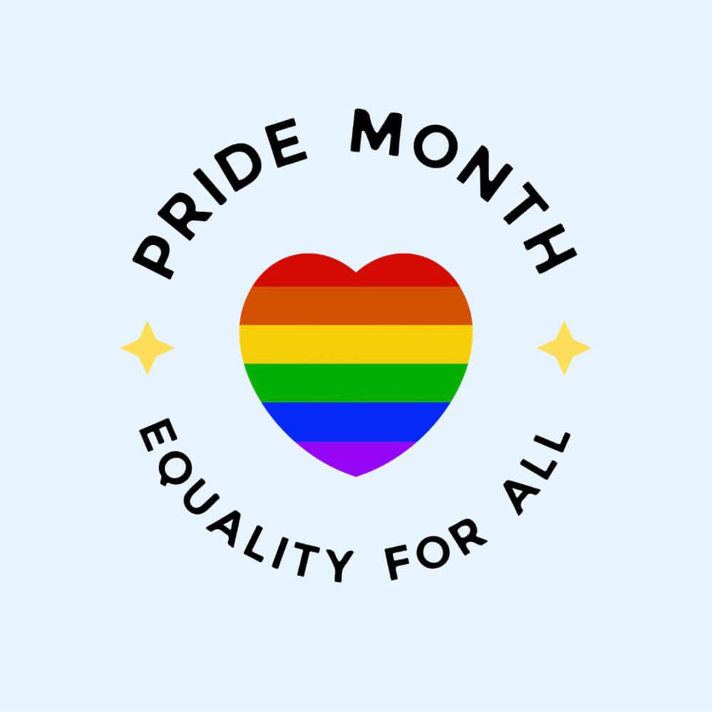 A circular graphic on a light blue background features a rainbow-striped heart in the center surrounded by the text "Pride Month — Equality for All."