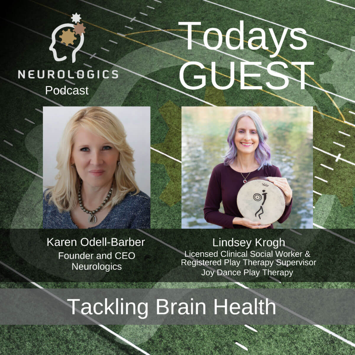Podcast guest graphic featuring two women introducing a Neurologics episode on tackling brain health.