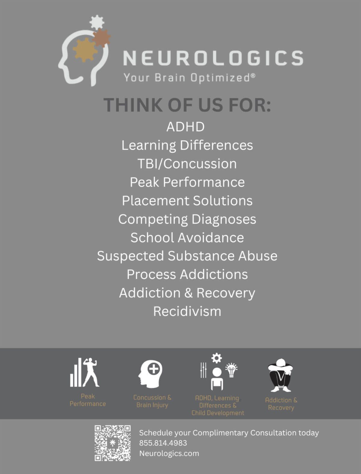 Neurologics flyer listing conditions treated with icons for peak performance, concussion, ADHD and addiction.