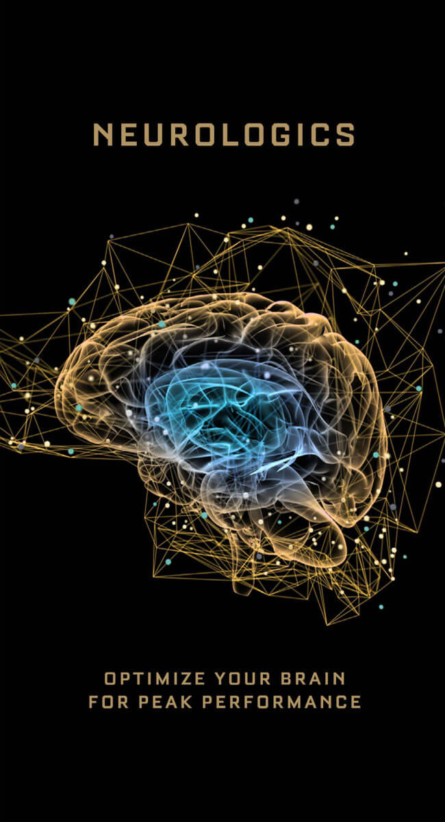 Illustrated brain overlaid with a glowing gold network graphic on a black Neurologics background.
