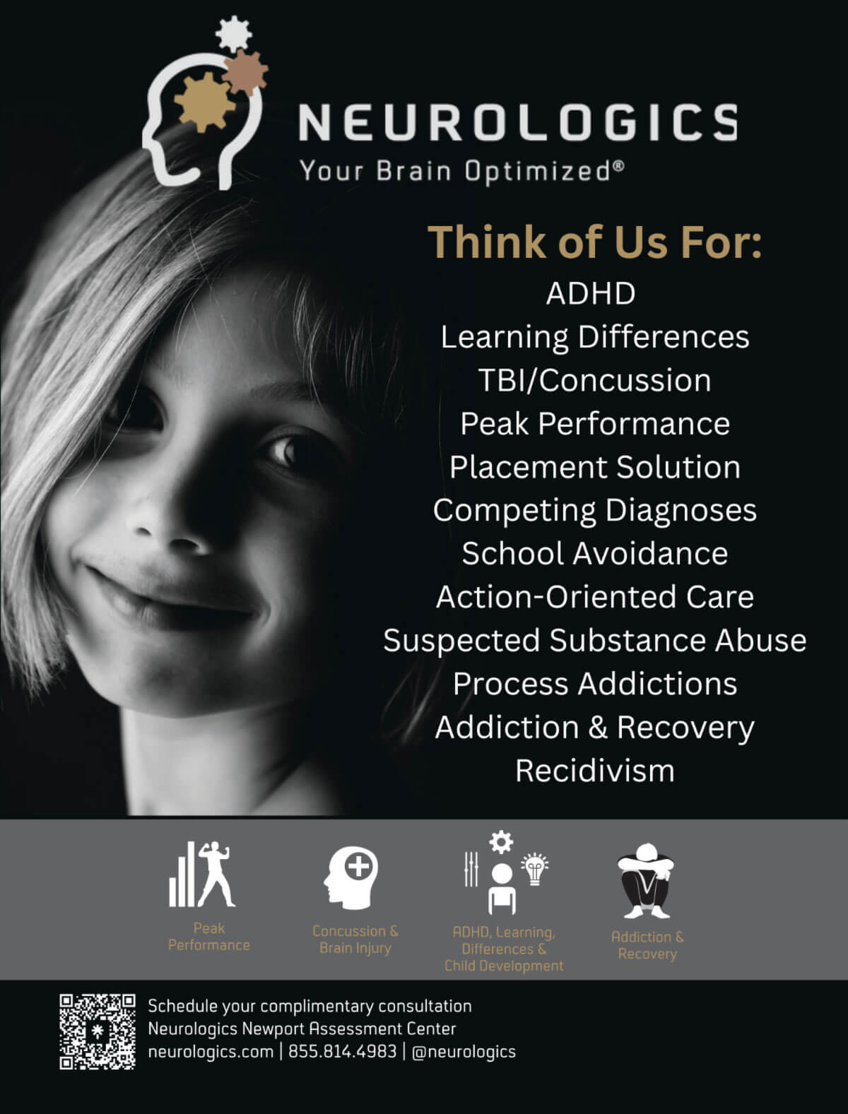 A promotional poster for Neurologics featuring a close-up, black-and-white photo of a smiling child alongside a list of cognitive and behavioral conditions they evaluate and treat.