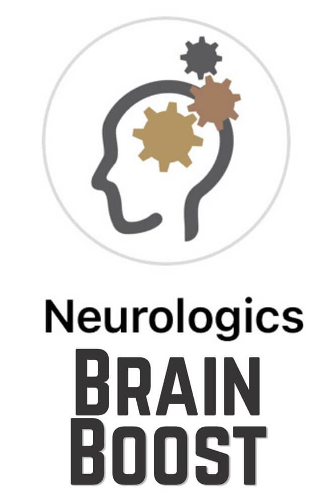 The Neurologics Brain Boost logo displays a stylized outline of a human head containing three interlocking gears above bold black text reading "Neurologics BRAIN BOOST."