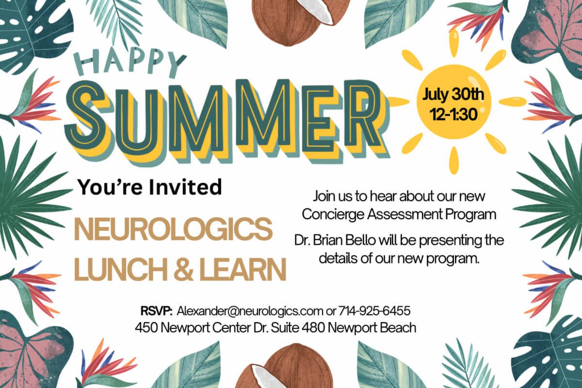 A tropical-themed invitation for a "Happy Summer" Neurologics Lunch & Learn event on July 30th featuring Dr. Brian Bello presenting a new Concierge Assessment Program.